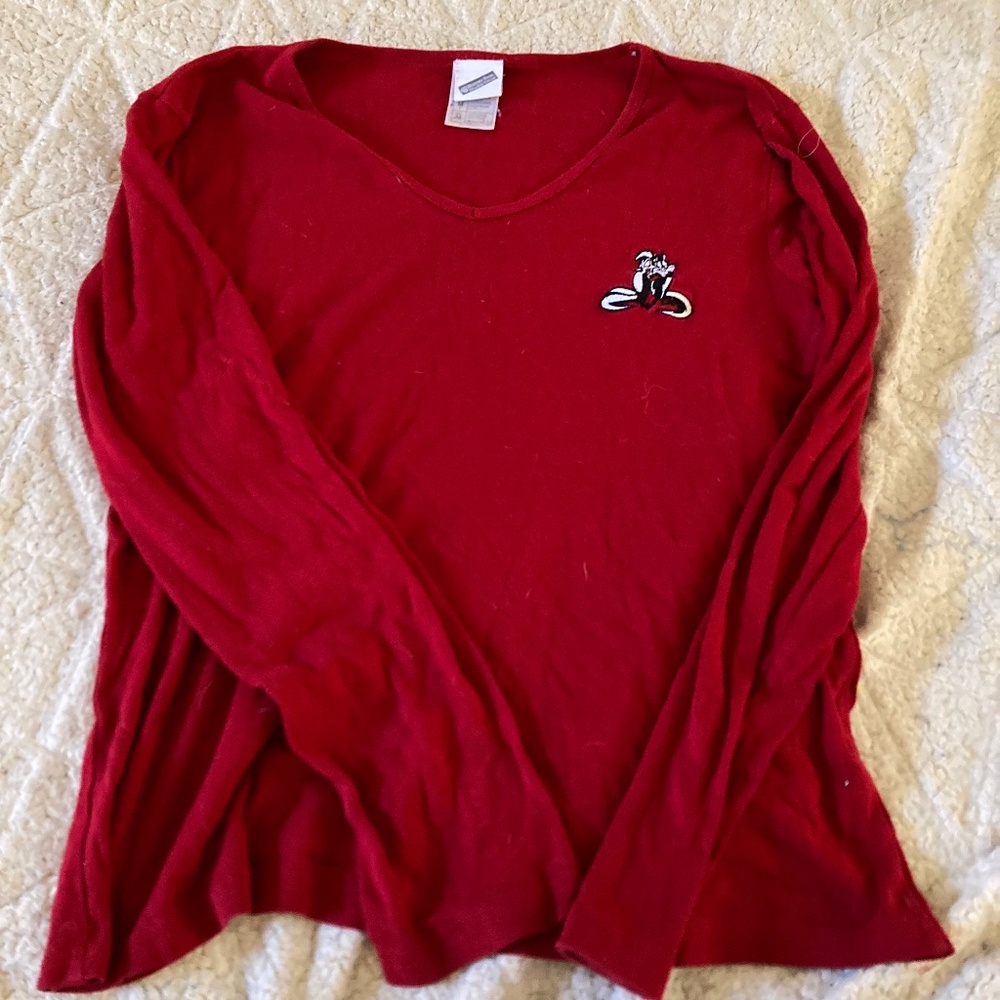 Red Warner Bros Long Sleeve, V Neck.